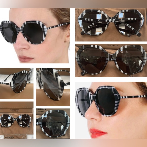 BURBERRY OVERSIZED BLACK AND WHITE CHECK PATTERN SUNGLASSES - Picture 13 of 16